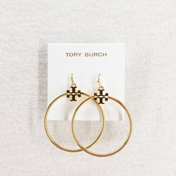 Tory Burch Jewelry - Tory Burch Stacked T Logo Hoop Earrings Gold OS